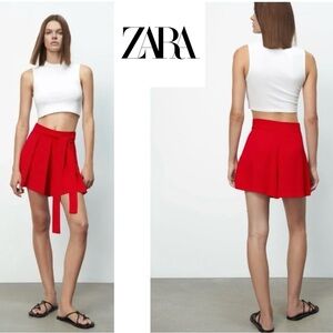 Zara red pleated dress shorts fabric belt tie waist M spring summer high waist